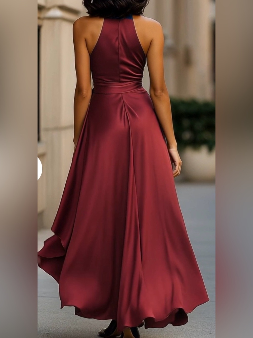 Mooyius Midnight Elegance Burgundy Satin Halter Ruffle Gown - Picture 3 of 4